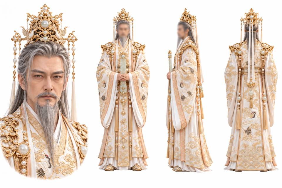 白发仙帝鎏金冠云鹤朝服三视图角色设定板，三视图设定板、写实CG、中国仙侠神话、白发长须老者、鎏金冠珍珠流苏、云鹤刺绣朝服、玉笏道具、纯白背景棚光、男性角色、老年