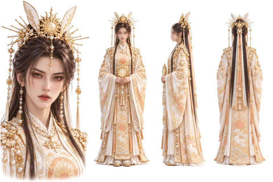 金辉日轮·兔耳神女古风角色三视图设定板，古风、仙侠、角色设定板、三视图、兔耳头冠、珍珠流苏、织金汉服、日轮法器、白金配色