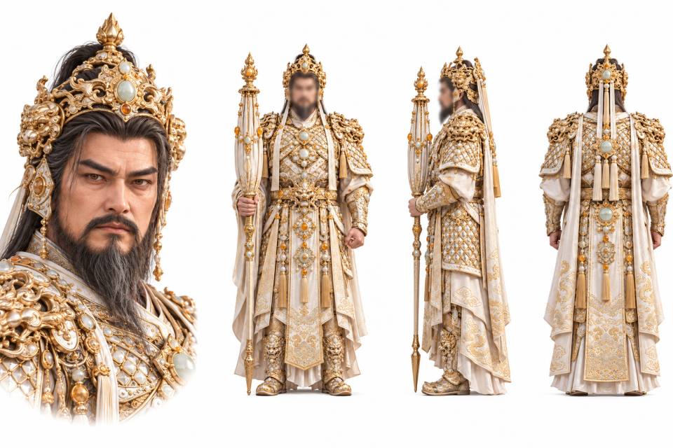 中国神话白金神将角色三视图设定板,角色设定板、三视图、中国神话、神将、白金铠甲、鎏金宝冠、白玉装饰、超写实3D渲染