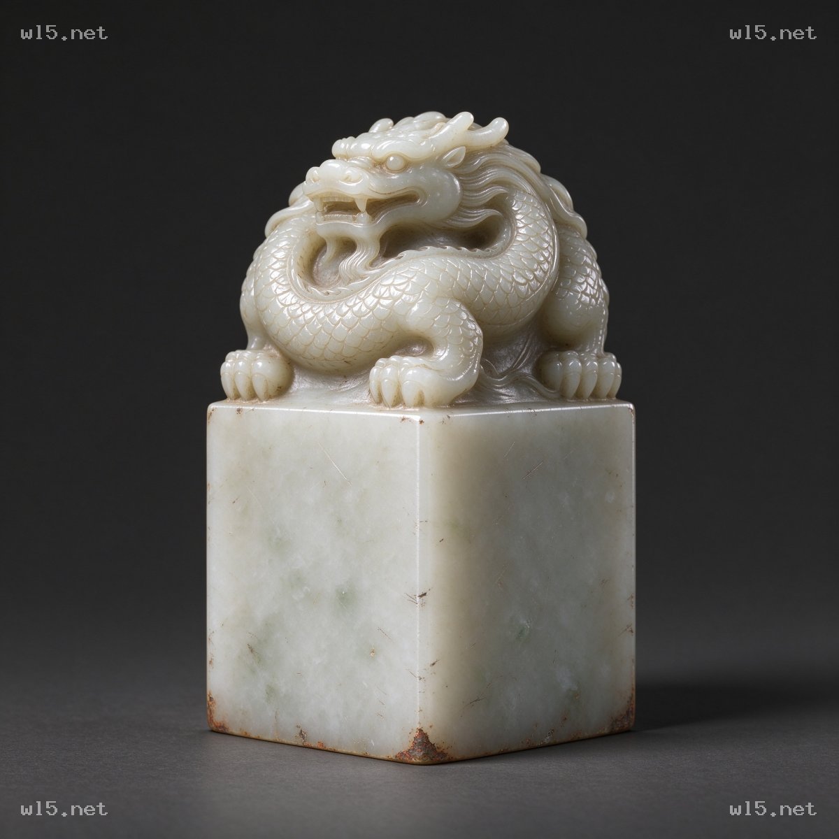 青白玉龙钮古印章,古玉器、青白玉、龙钮印章、传统玉雕、文物摆件、中式文房器物