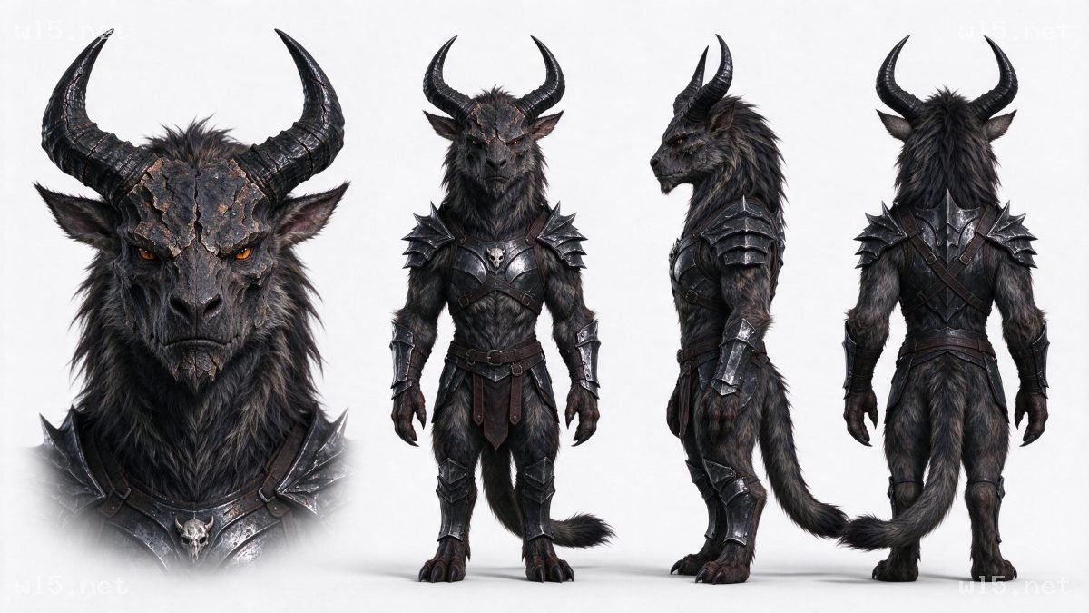 暗黑奇幻风格牛角兽人战士角色设定图,奇幻生物、兽人战士、角色设定图、暗黑奇幻风格、金属装甲、写实渲染