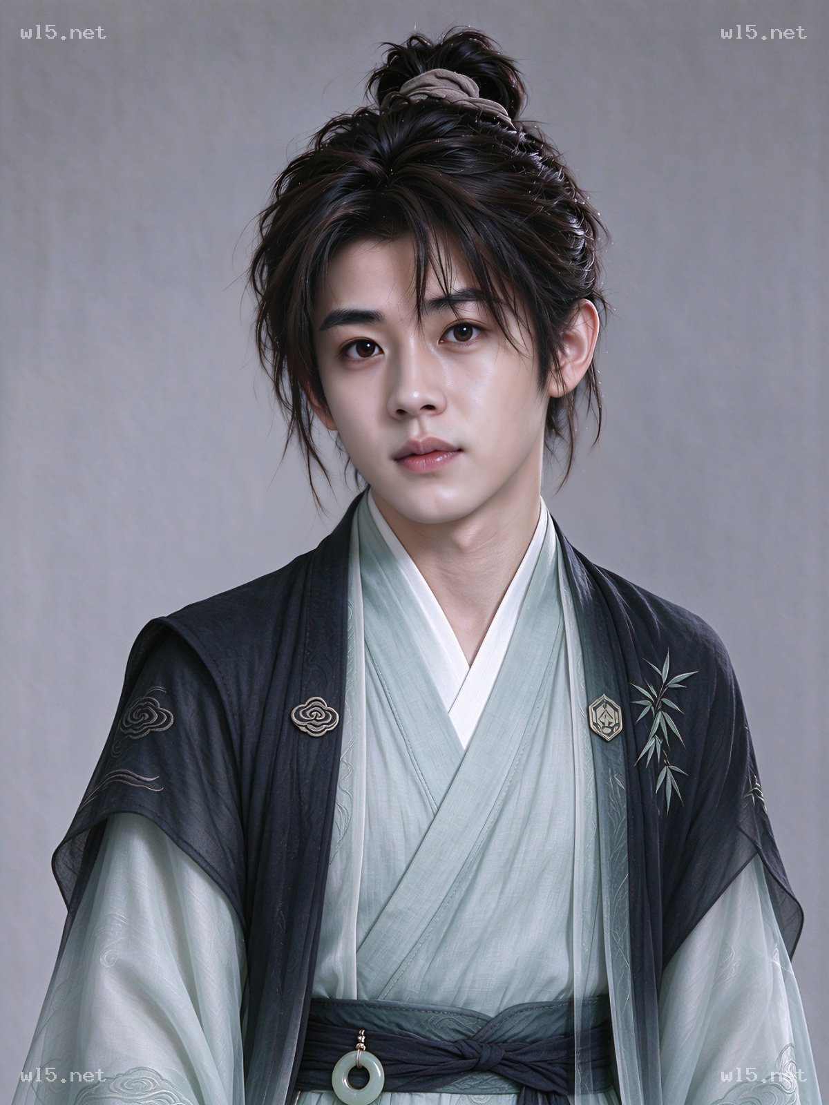 古风少年半身肖像，古风、汉服、少年、半身肖像、国风、浅灰背景、纱质服饰、玉饰