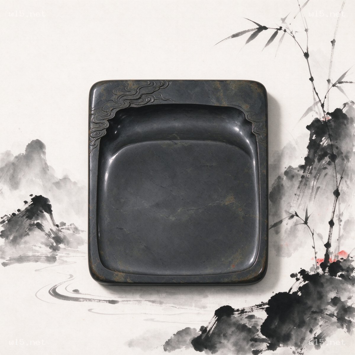中式水墨风方形云纹石砚，文房四宝、石砚、云纹雕刻、中式水墨背景、书法绘画用具