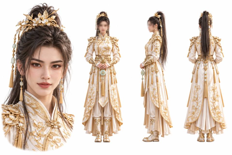 金白古风女性角色设定板，角色设定板、女性、古风幻想、金色刺绣、白色长袍、三视图、面部近景、高马尾、发冠、纯白背景