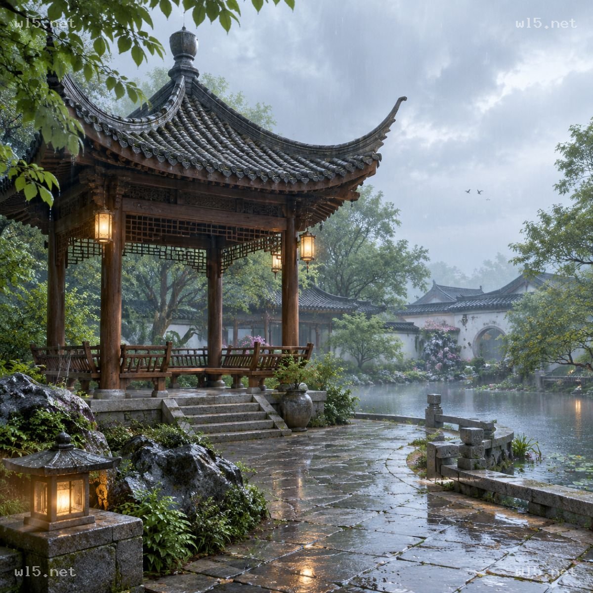 雨雾中的中式古典园林亭台