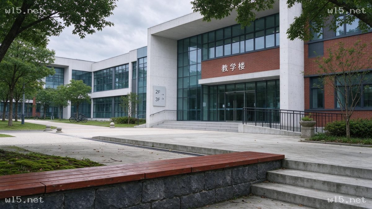 校园教学楼建筑外景，校园建筑、教学楼、现代风格建筑、校园外景、阴天摄影、混凝土建筑、红砖建筑