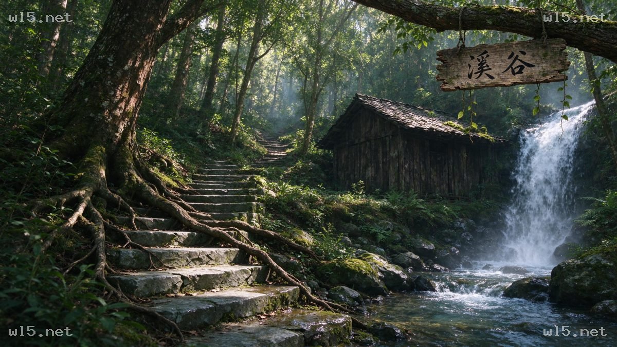 古木掩映下的溪谷山林秘境，溪谷山林、石板石阶、叠瀑溪流、古木盘根、丁达尔光、原木小屋、自然秘境