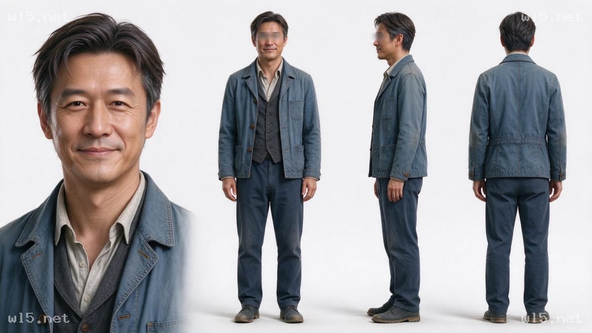 中年男性四视角角色设定图,中年男性、角色设定、写实人像、四视角展示、工装穿搭、棚拍人像