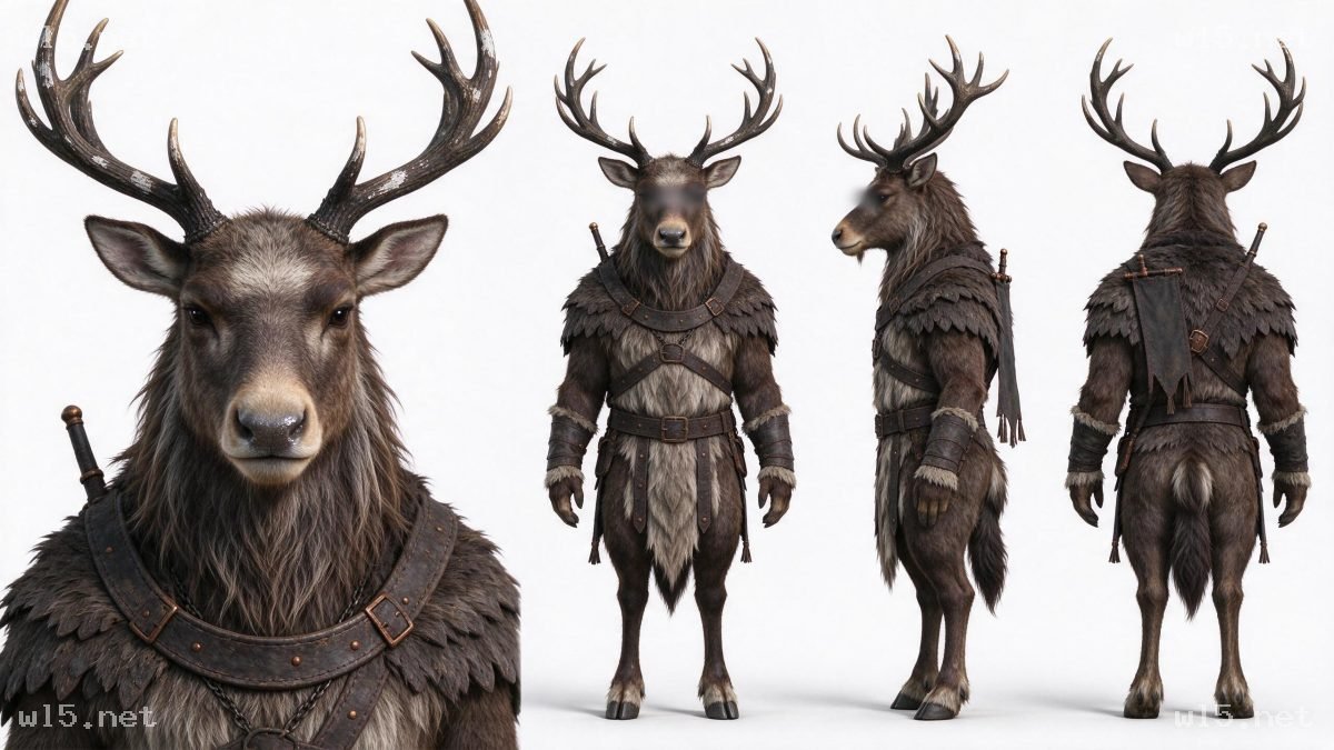 兽人驯鹿战士角色设定图,兽人驯鹿、角色设定、奇幻战士、写实3D、兽皮盔甲、三视图、游戏美术