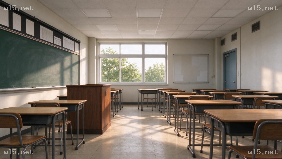 日间空置中学教室,教室、校园、日间自然光、空置空间、写实场景、中学教室