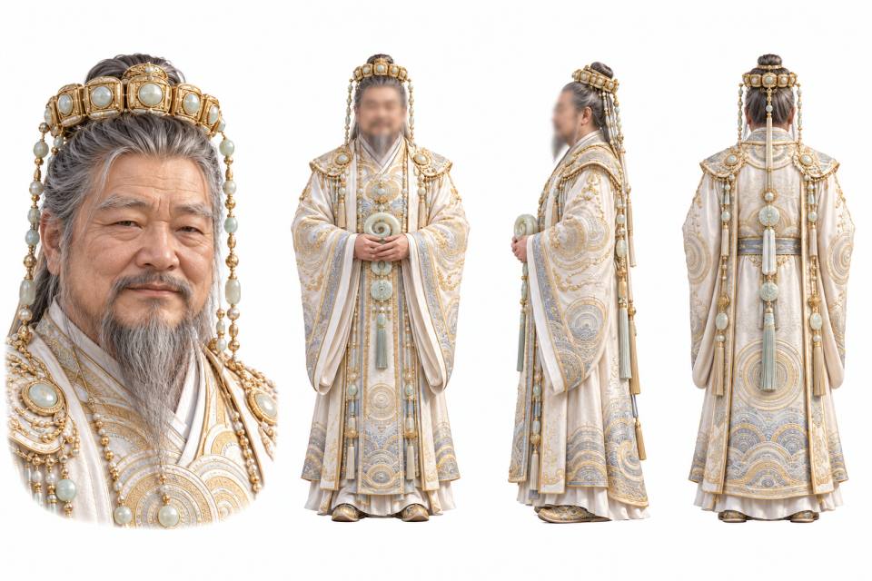 白玉金冠老年男性仙人角色三视图设定板,仙侠角色、老年男性、三视图设定板、玉冠冕旒、织金礼服、玉璧、写实CG、白背景、灰白长须