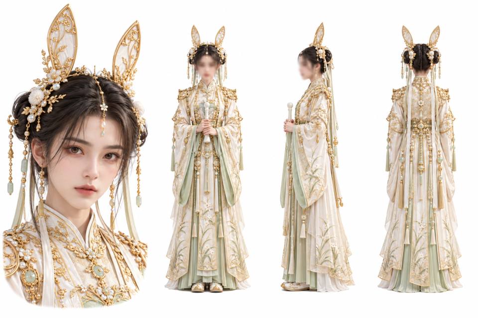 金冠玉兔古风仙娥角色三视图设定板,角色设定板、三视图、古风汉服、兔耳形金冠、仙侠女性角色、珍珠玉珠流苏、脸部特写、正侧背视图、白金配色