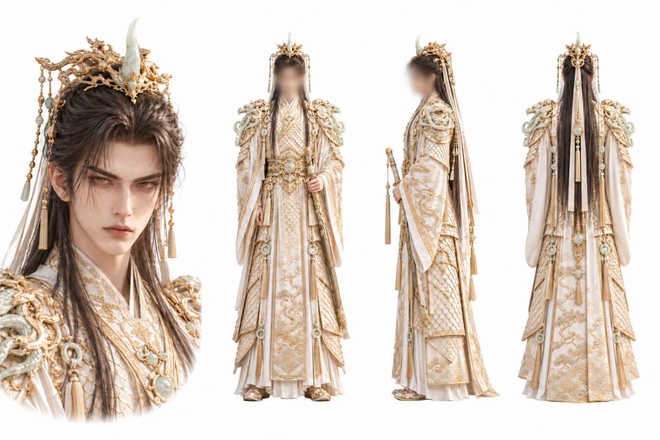 金玉龙纹仙侠男子角色三视图设定板,角色设定板、三视图、仙侠国风、男性角色、金色龙纹发冠、古风礼服、写实CG渲染、白金配色、流苏玉饰、长剑道具