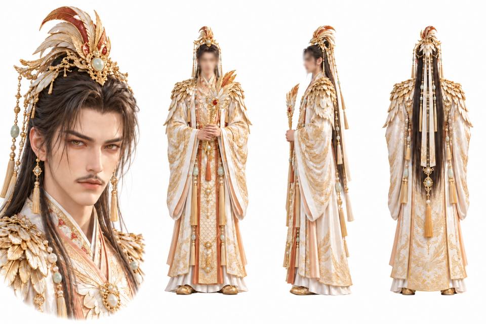 古风金羽华服男性角色三视图设定板，古风、仙侠、男性角色、三视图设定板、金色羽翼头冠、华丽广袖礼服、玉佩流苏、CG渲染