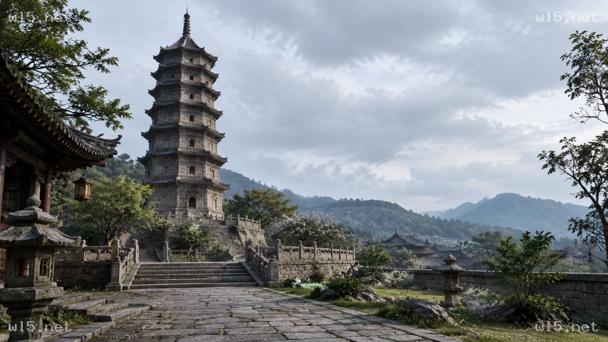 阴云山间的古塔寺院