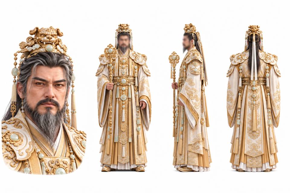 白金玉冠帝王风老年男性角色三视图设定板,角色三视图设定板、国风幻想帝王、老年男性、鎏金瑞兽冠、白玉装饰、金色刺绣礼服、写实3D渲染、白背景棚拍光