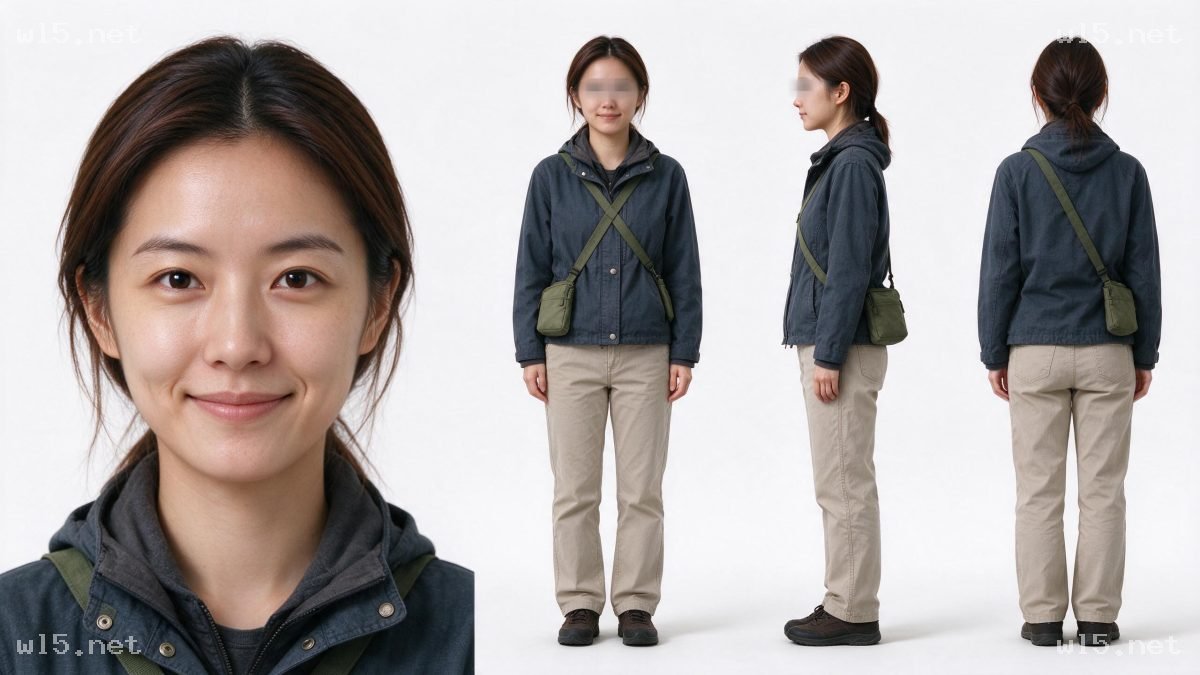 户外休闲女性角色多视角设定图,户外风穿搭、女性角色、多视角设定、棚拍人像、休闲穿搭、徒步装备