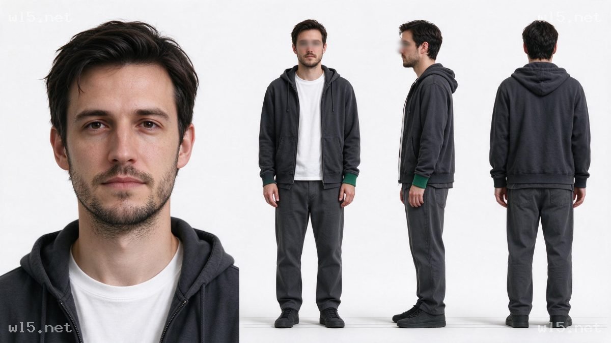 3D写实男性角色四视图，3D角色、男性建模、四视图、写实风格、日常穿搭、角色展示
