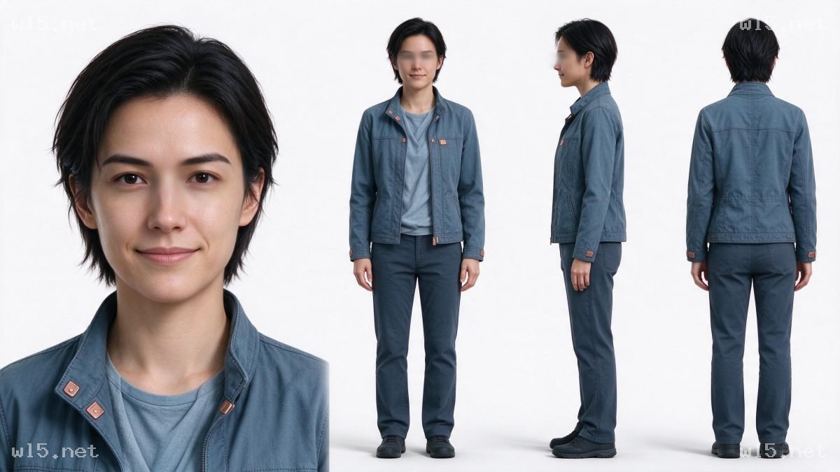 中性短发女性多视图角色参考图,写实3D、女性角色、短发、工装穿搭、三视图、角色参考