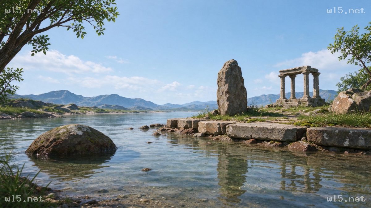海岸边的古遗迹风光，湖岸遗迹、古希腊石柱、自然景观、晴朗白日、写实摄影、风光摄影、石质建筑、风化古遗迹