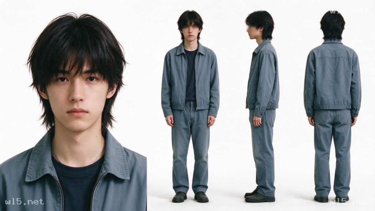 青年男性灰蓝色套装形象设定,青年男性、灰蓝色套装、狼尾短发、多视角展示、影棚写真、简约穿搭