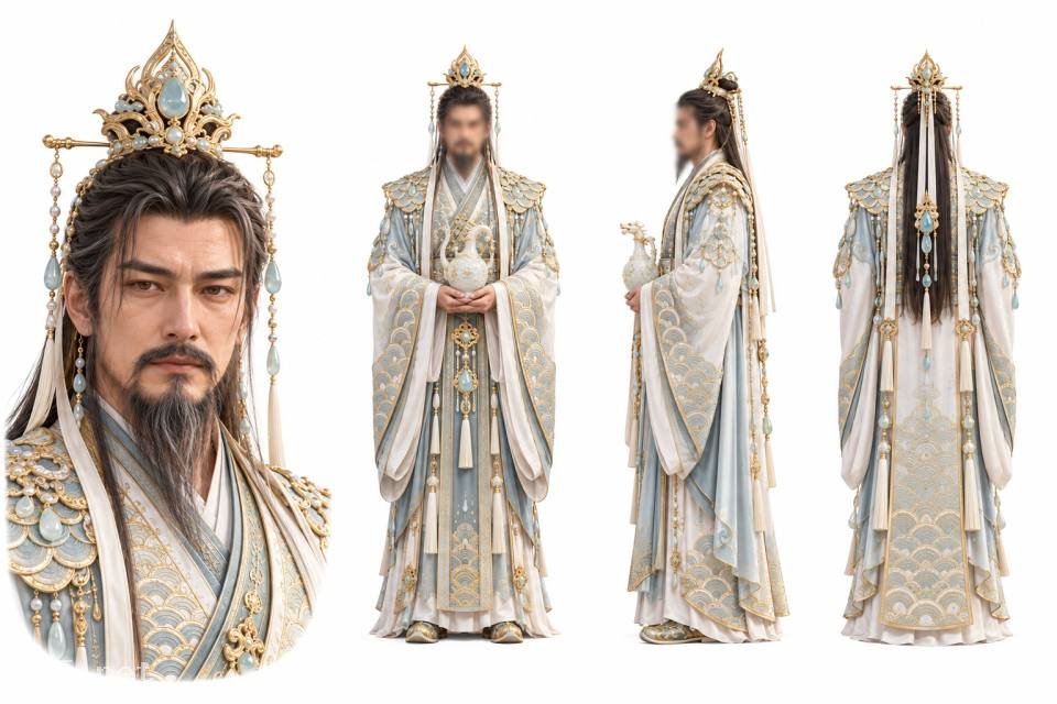 金冠玉袍仙风男子角色三视图设定板,角色设定板、三视图、古风仙侠、写实CG、男性角色、金冠流苏、白玉执壶、宽袖长袍、白色背景