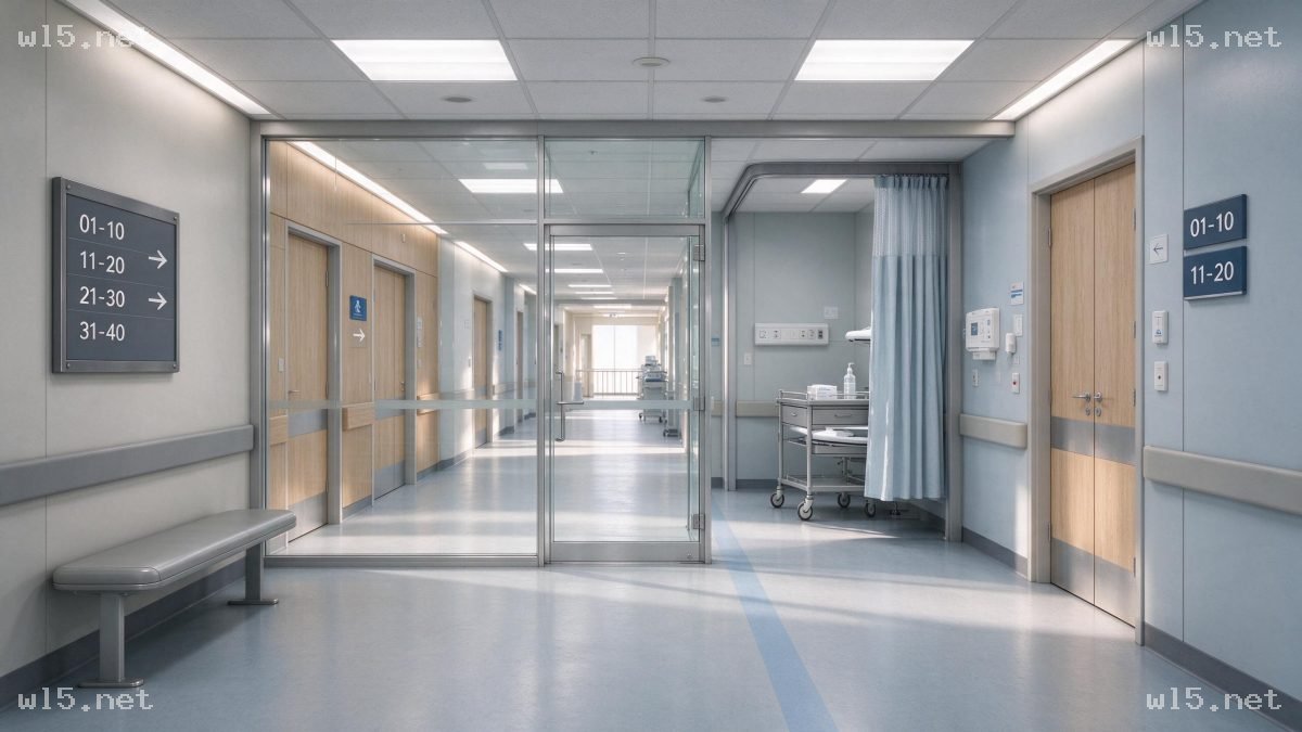 现代医院住院部走廊场景，医院走廊、住院部、医疗空间、导视标识、医用设施、写实室内场景