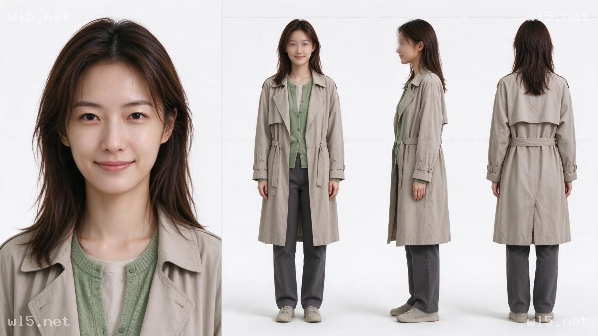 年轻东亚女性休闲穿搭展示，人物、女性、穿搭、风衣、休闲风、影棚拍摄