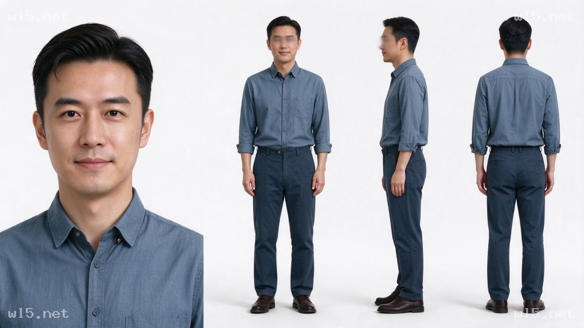 东亚中年男性商务休闲装四视角造型图,东亚男性、商务休闲造型、多视角、棚拍人像、中年男性、造型参考图