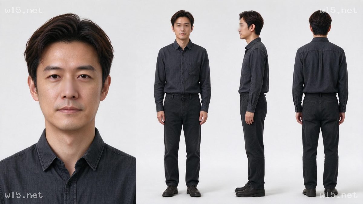 35岁东亚男性角色三视图+近景人像参考图,东亚男性、角色设定、三视图、影棚人像、写实风、商务休闲穿搭