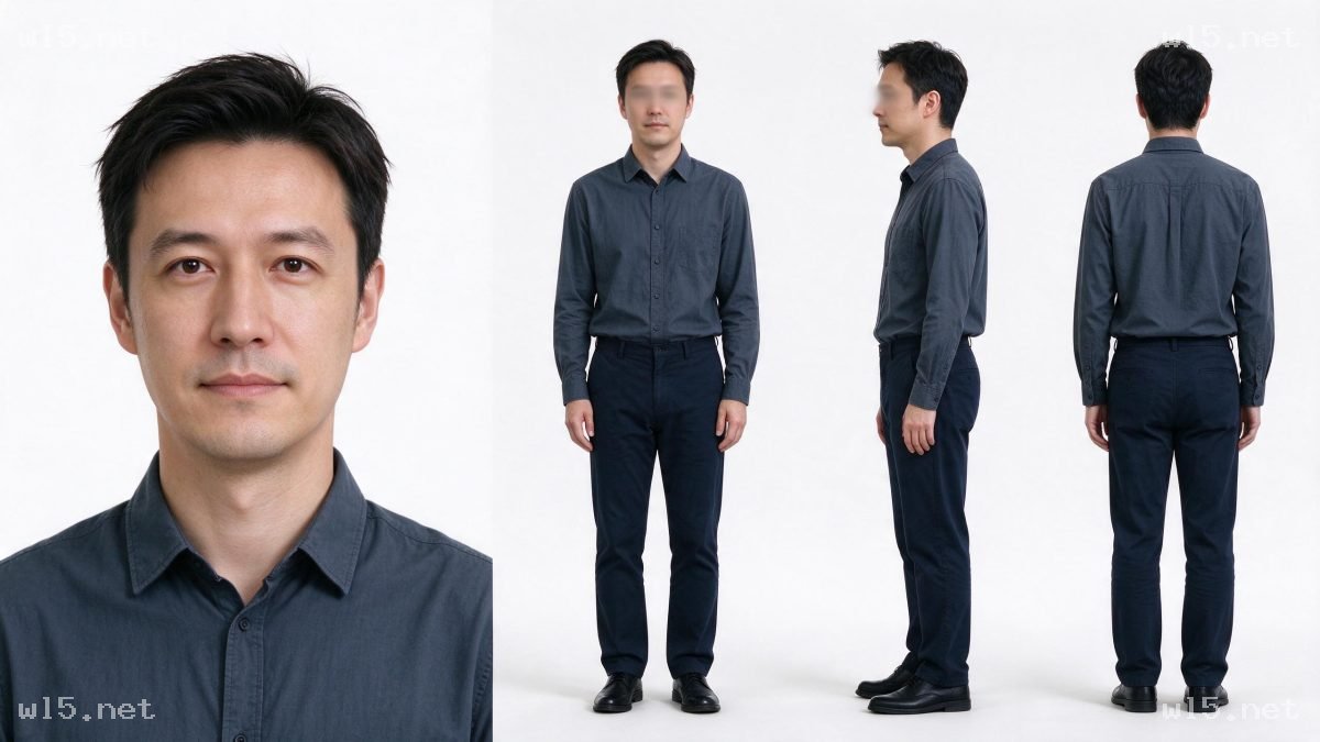 35-40岁东亚男性角色三视图设定图(带面部特写),写实摄影、东亚男性、成年男性、角色三视图、人像设定图、商务休闲穿搭