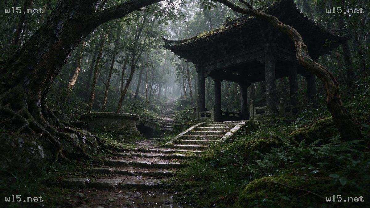迷雾山林间的荒废古亭，山林古亭、迷雾森林、中式古建筑、苔藓石阶、荒废山林、写实风光