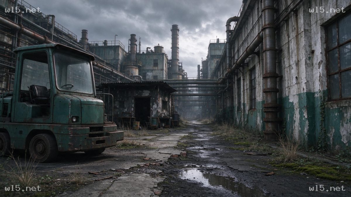 废弃老旧工业厂区通道场景,废弃工厂、老旧叉车、工业废墟、阴雨天、写实场景、锈蚀管道、荒置厂区