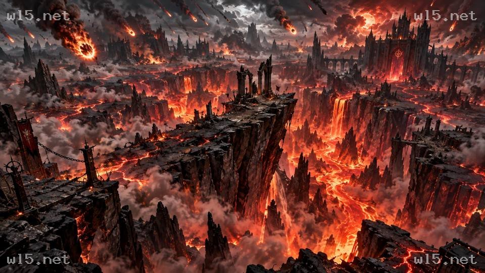 熔岩地狱峡谷与黑暗魔城史诗全景，黑暗奇幻、地狱、熔岩峡谷、魔族城堡、陨石坠落、史诗全景、概念艺术