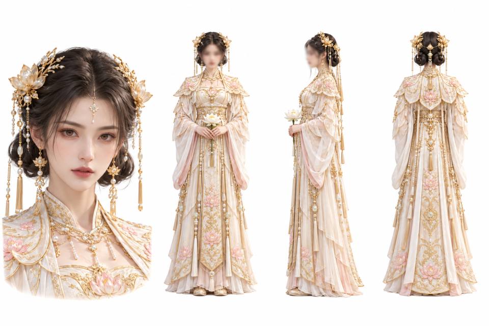 金色莲花古风婚服女性角色三视图设定板，古风、汉服婚服、三视图设定、金色莲花头饰、珍珠流苏、白色莲花、新娘造型、人物设定板