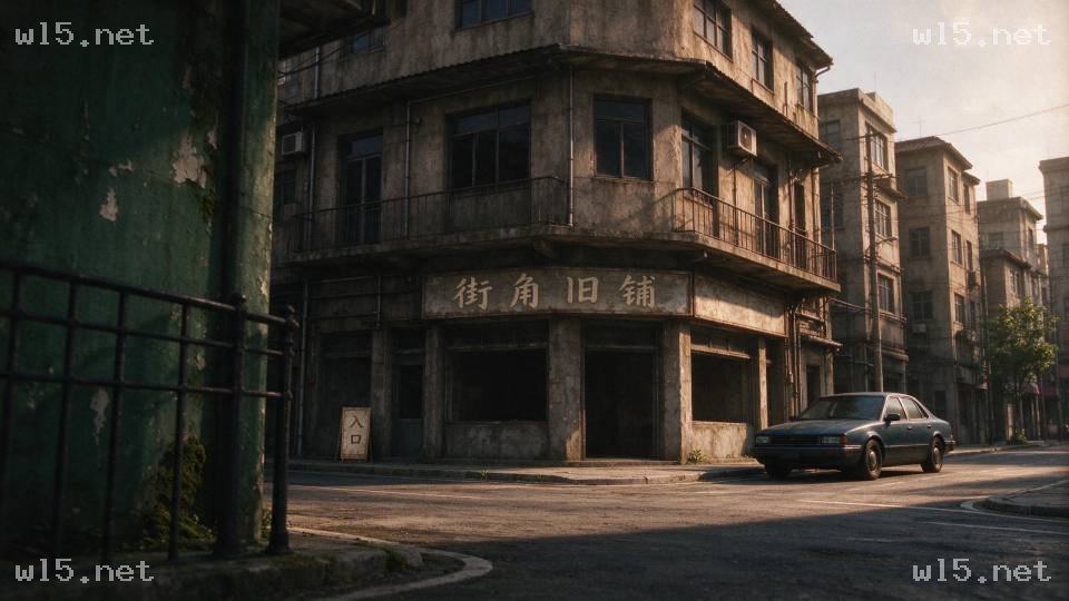黄昏老城街角旧商铺，老街街角、旧建筑、黄昏暖光、老式轿车、三维渲染、城市街景、复古商铺