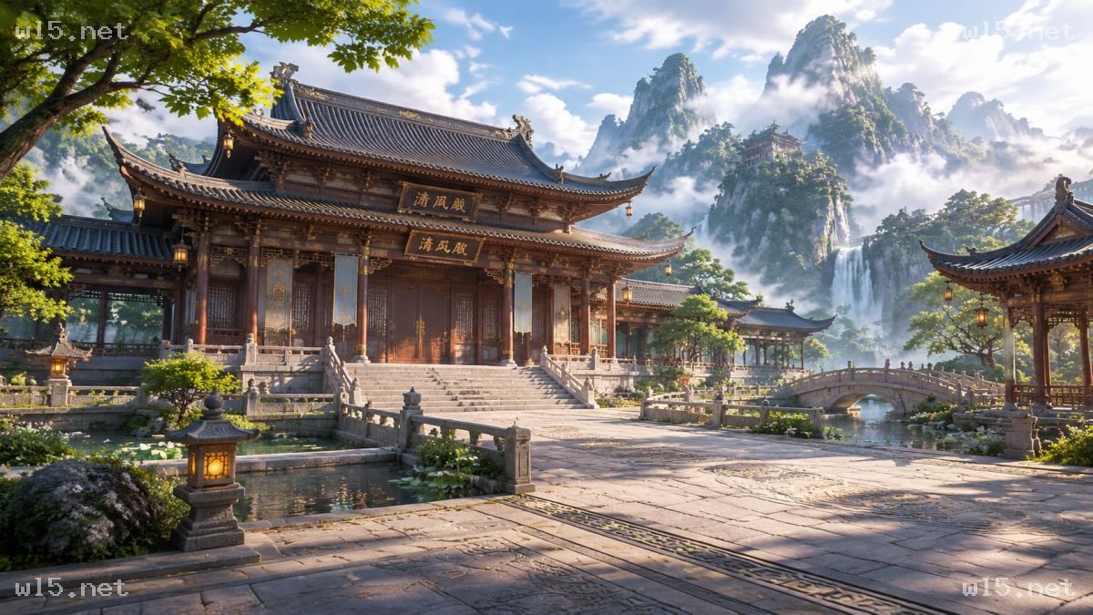 云雾群山中的古风殿宇庭院
