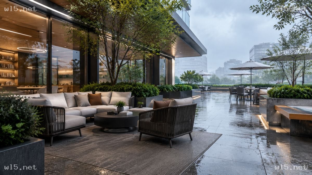 雨中的现代露台休闲区