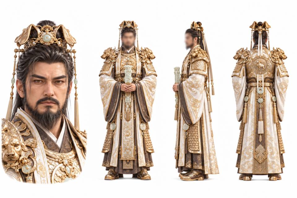 鎏金玉冠古风帝王角色三视图设定板，角色设定板、三视图、中国古代帝王、鎏金铠甲、白玉权杖、写实CG、面部特写