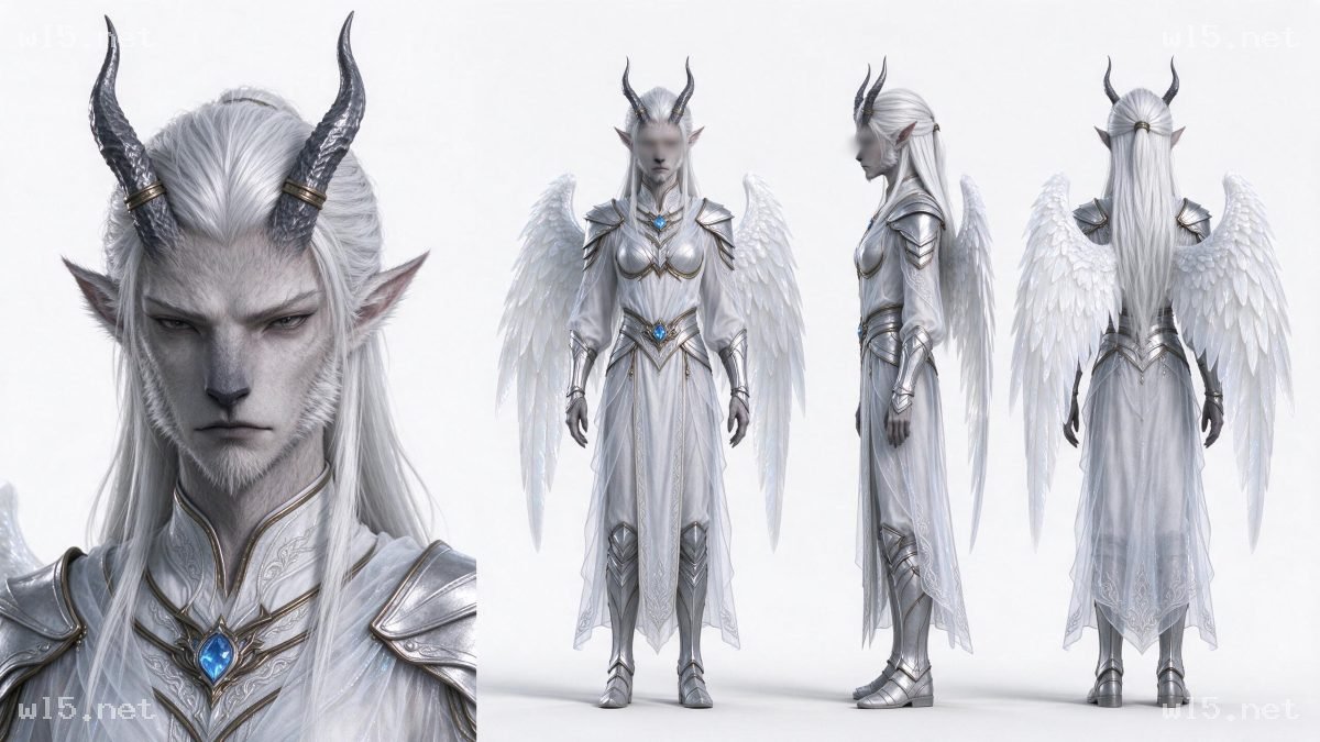 奇幻精灵角色设定图,奇幻角色、精灵、3D建模、角色设定、翼族、银白色调