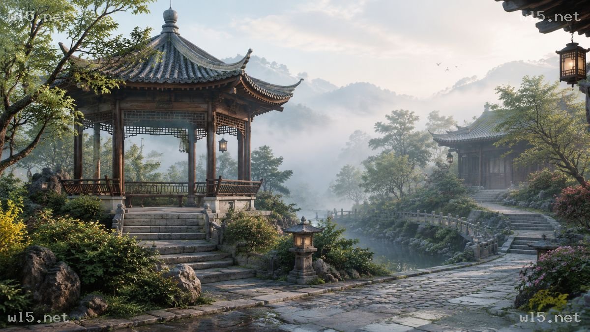 晨雾中的中式古典园林亭台