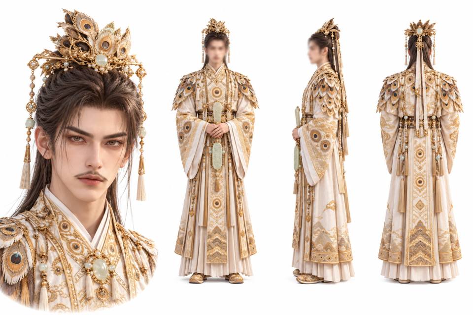 金色孔雀羽冠古风男性礼服角色三视图设定板,古风、角色设定板、三视图、汉服礼服、孔雀羽冠、织金刺绣、游戏CG、男性角色、白玉配饰、白色背景