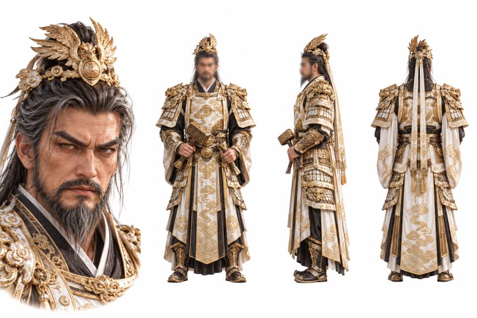 金冠白甲古风武将角色三视图设定板，角色设定板、三视图、中国古风、金甲武将、写实CG渲染、祥云纹铠甲、鹰形金冠、游戏角色设计