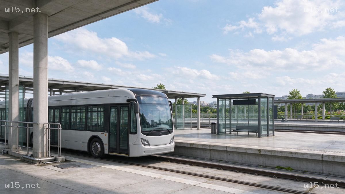停靠在现代BRT站台的白色铰接公交车,快速公交、BRT站台、铰接公交车、现代交通枢纽、混凝土建筑、城市公交
