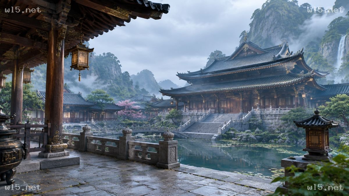 云雾山谷中的中式古建宫苑