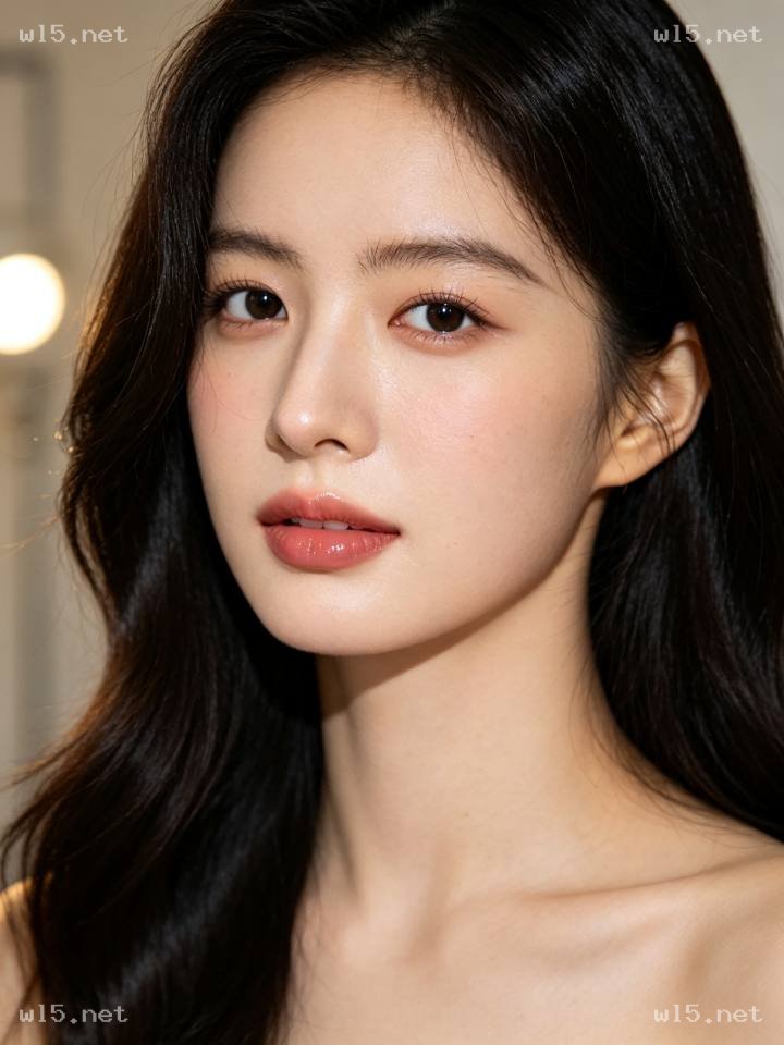 暖光室内黑发女性自然美妆特写肖像,人像特写、写实风格、自然妆容、黑色长卷发、暖色调、浅景深、美妆肖像、柔光