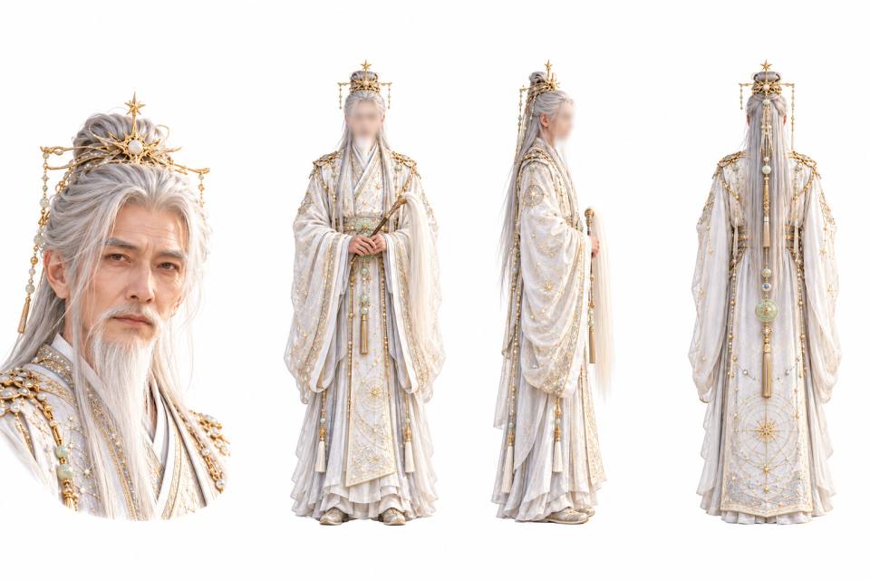 仙侠白发星冠帝君角色三视图设定板,仙侠、角色设定板、三视图、白发老者、金色星冠、星辰刺绣、拂尘、国风幻想、写实CG、男性角色
