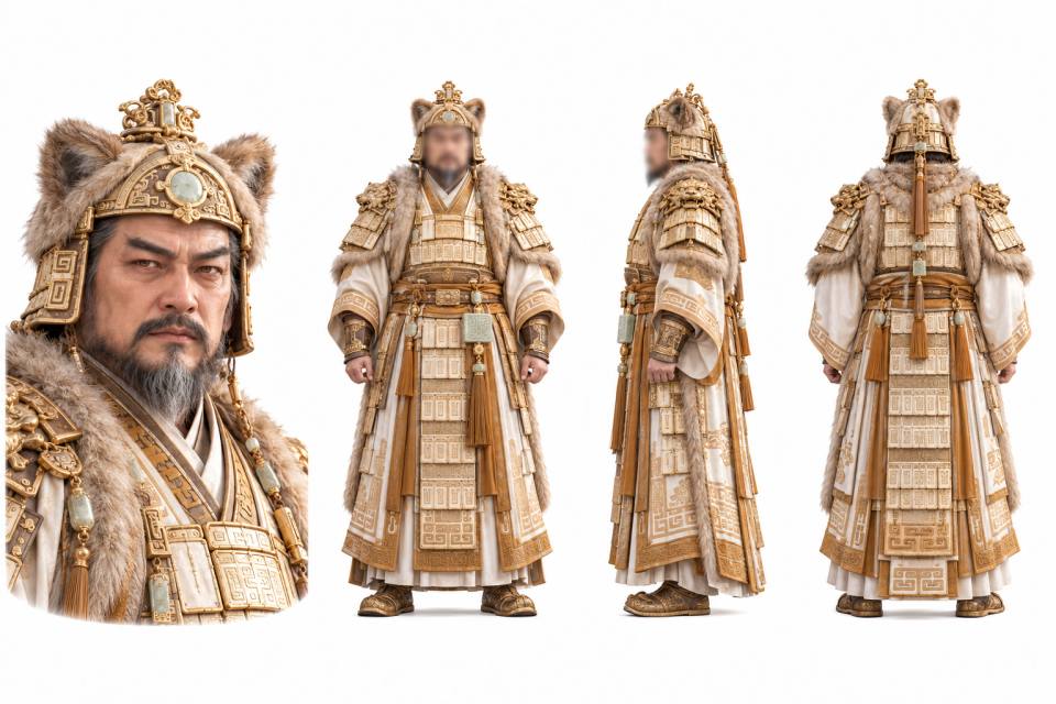 东方奇幻鎏金兽耳盔武将角色三视图设定板,角色设定图、三视图、写实CG渲染、东方奇幻、古代武将、鎏金札甲、兽耳头盔、玉饰流苏、白色背景棚拍