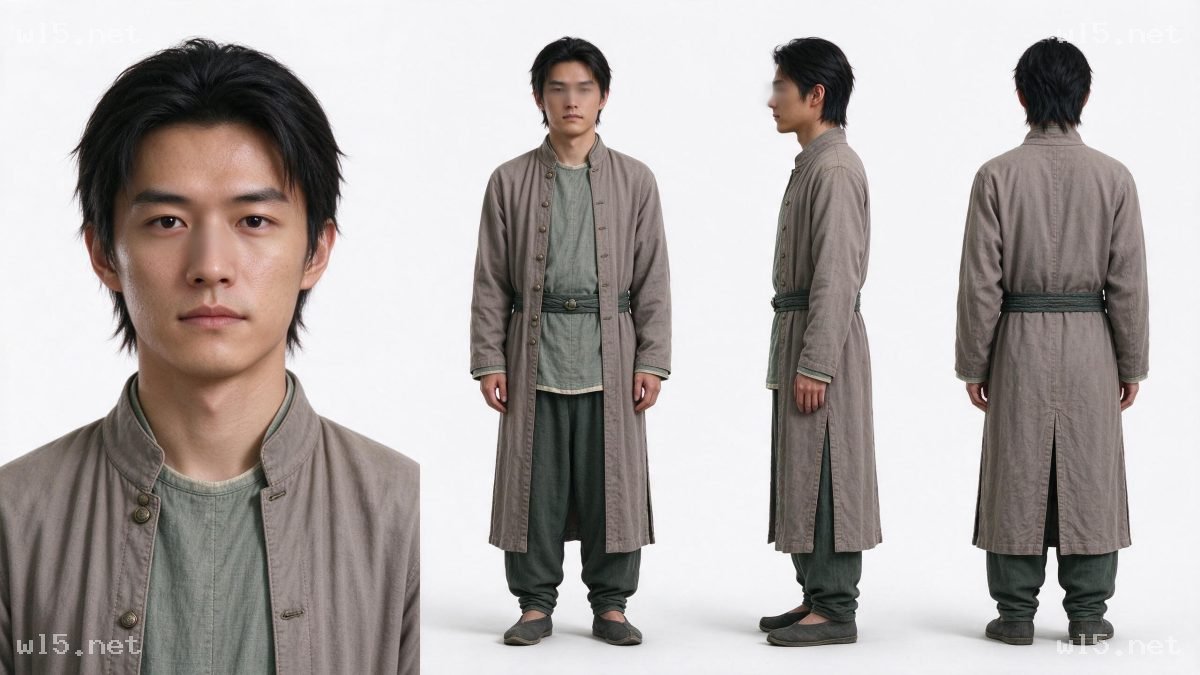 民国青年男性角色设定图,民国角色、男性人设、棉麻服饰、三视图、写实人像