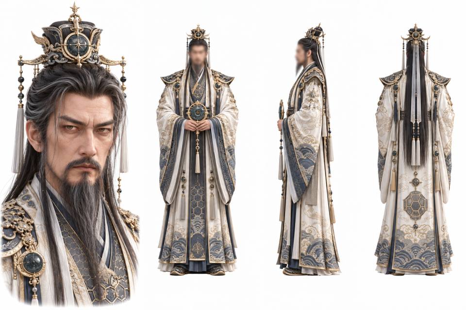 灰发长须仙尊古风角色三视图设定板,角色设定板、三视图、古风仙侠、写实CG渲染、男性长者、华贵宽袖长袍、鎏金玉冠、流苏飘带、白底影棚背景
